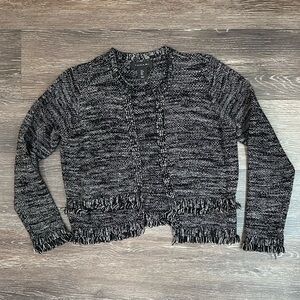 Tahari Black White Tweed Fringe Knit Cardigan Jacket 100% Cotton M